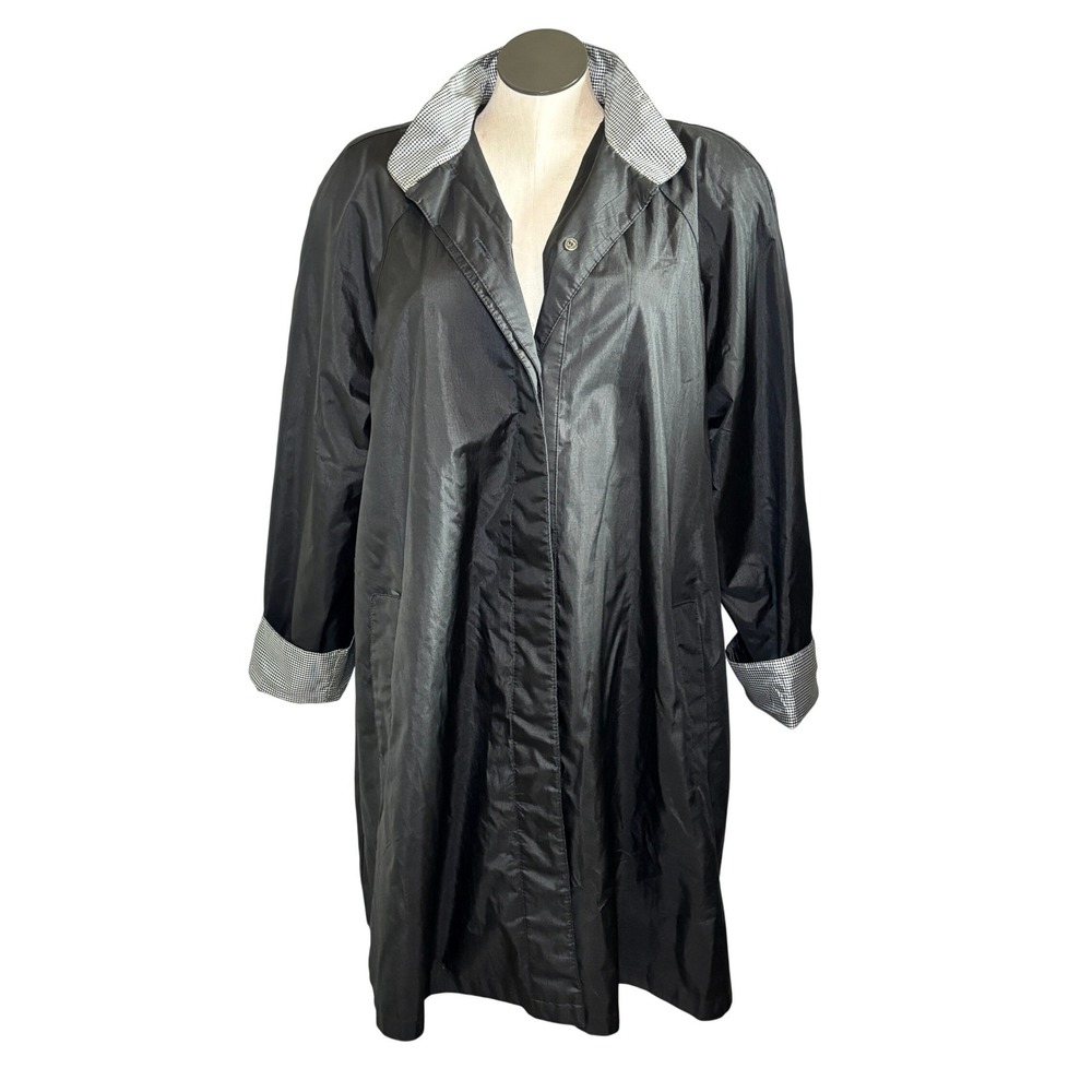 Worthington Trench Coat XL Blk Gingham Collar Vtg Longline Retro Rainwear Grunge